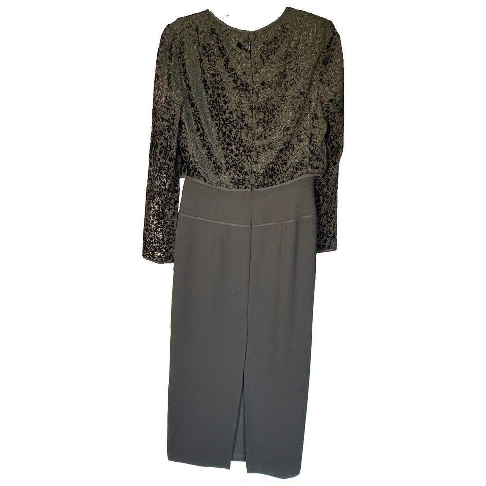 Kay Unger Black Velvet Devore Floral Mock Dress Size 10 Long Sleeve Formal Midi - Picture 3 of 7